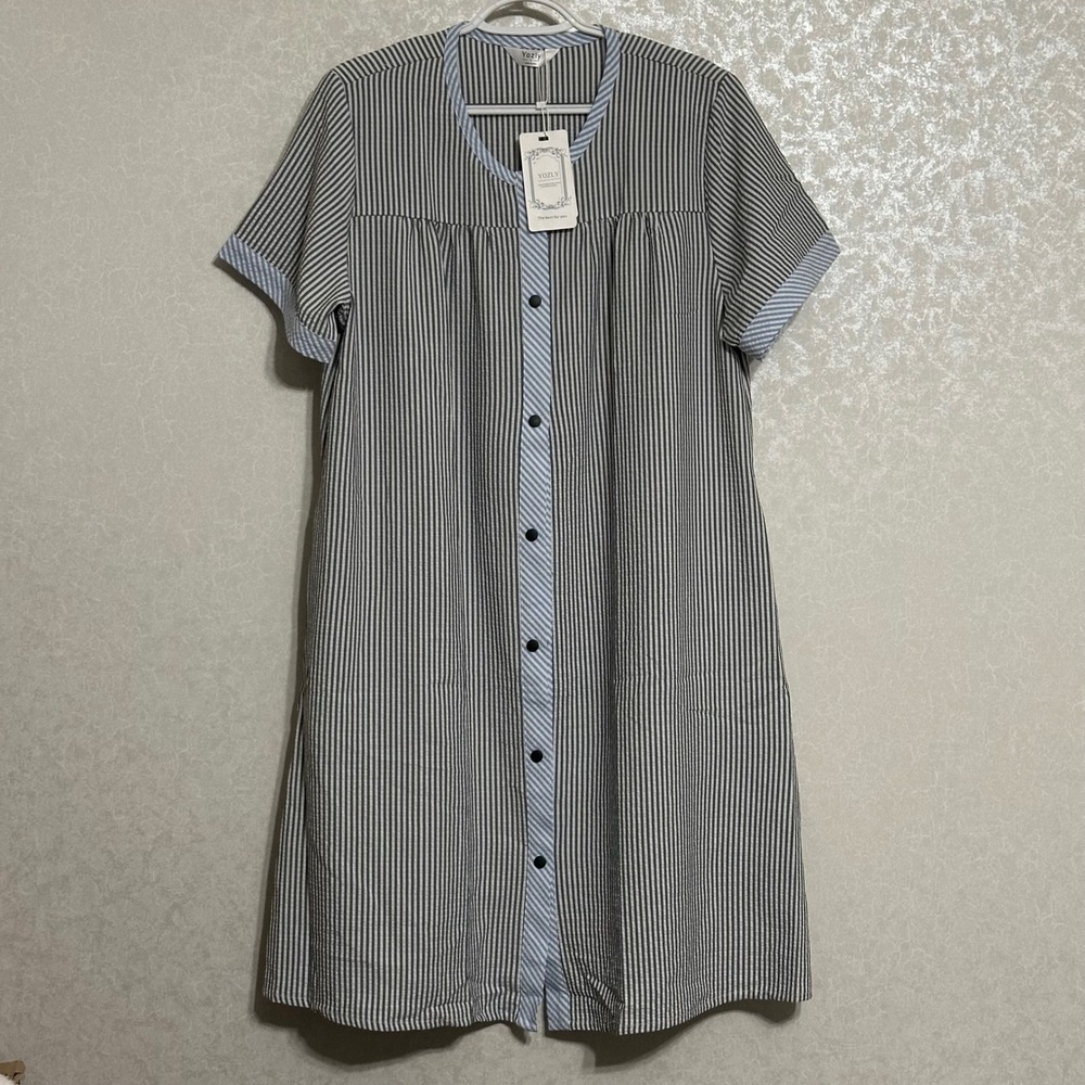 Yozly Button Front Nightgown Seersucker Pinstripe House Dress Robe Blue NWT L